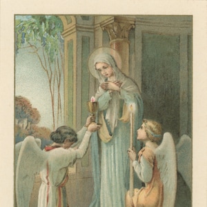 Marie recevant la communion - basée sur une carte sainte française vintage - impression d'art catholique - cadeau catholique unique