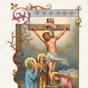 Crucifixion - D'après une lithographie italienne du XIXe siècle - Carte sainte vintage restaurée