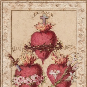 Harten van de Heilige Familie – inclusief het kuise hart van St. Joseph – gebaseerd op een vintage Franse heilige kaart – katholieke kunstdruk