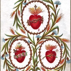 Cœurs de la Sainte Famille - Ils sont ma sauvegarde - y compris le chaste Cœur de saint Joseph - d'après une carte sainte française vintage