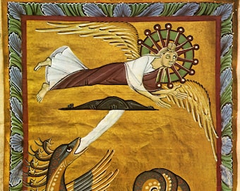 May include: A medieval manuscript illustration depicting an angel with golden wings and a halo, flying over a green and gold dragon with multiple heads. The angel is wearing a white robe and a maroon tunic. The dragon is depicted with a serpentine body and wings. The background is a gold color with a green border.