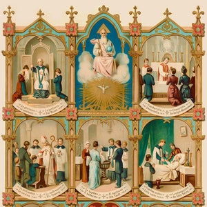 Seven Sacraments – based on a Vintage Holy Card – Catholic Art Print