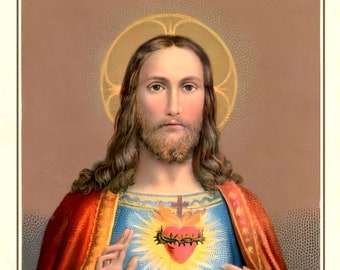 Może przedstawiać: Antyczne religijne zdjęcie Jezusa Chrystusa z koroną cierniową i krwawiącym sercem. Obraz jest namalowany w tradycyjnym stylu z żywymi kolorami i misternymi detalami. Tło jest w kolorze delikatnego brązu.