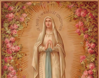 Muttergottes von Lourdes Roses – basierend auf einer Vintage französischen Heiligenkarte – katholischer Kunstdruck