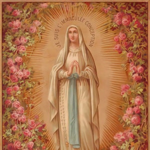 Our Lady of Lourdes Roses – based on a Vintage French Holy Card – Catholic Art Print