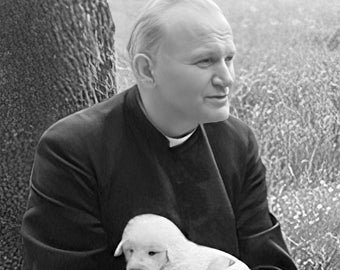 St. John Paul II with a Puppy – Exclusive Restoration – 3 sizes – Catholic Art Print – Archival Quality – Catholic Gift