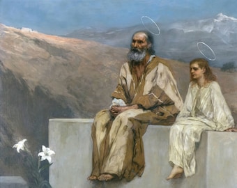 Puede incluir: Una pintura que representa a dos figuras, un hombre y una mujer, sentados en una cornisa con vistas a un paisaje montañoso. El hombre lleva una túnica marrón y tiene una larga barba blanca. La mujer lleva una túnica blanca y tiene el pelo largo y castaño. Ambas figuras tienen halos sobre sus cabezas. La pintura está ambientada en un fondo de cielo azul y nubes blancas.