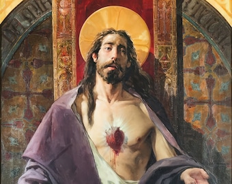 May include: A painting of Jesus Christ with a bleeding heart, depicted in a purple robe with a golden halo. The painting is set against a background of ornate gold and red stained glass.