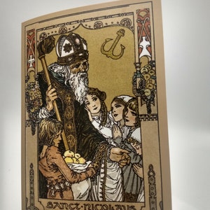 Carte de Noël – Saint-Nicolas, le père Noël original – Plie jusqu'à 5 x 7 po. – Avec enveloppe – 1 / 10 / 50 / 100