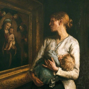 Mère et enfant regardant la Vierge et son enfant - Cadeau pour mère catholique - Qualité archive - Art catholique