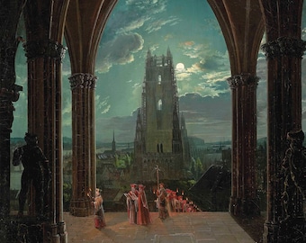 Op de afbeelding: Een schilderij dat een processie van mensen in rode gewaden toont die door een gewelfde doorgang lopen naar een hoge kerktoren in de verte. De scène wordt verlicht door een volle maan en de lucht is diepblauw.