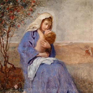 May include: A painting of a woman in a blue robe holding a child. The woman is wearing a white head covering and the child is looking up at her. The painting is set against a background of a field and trees.