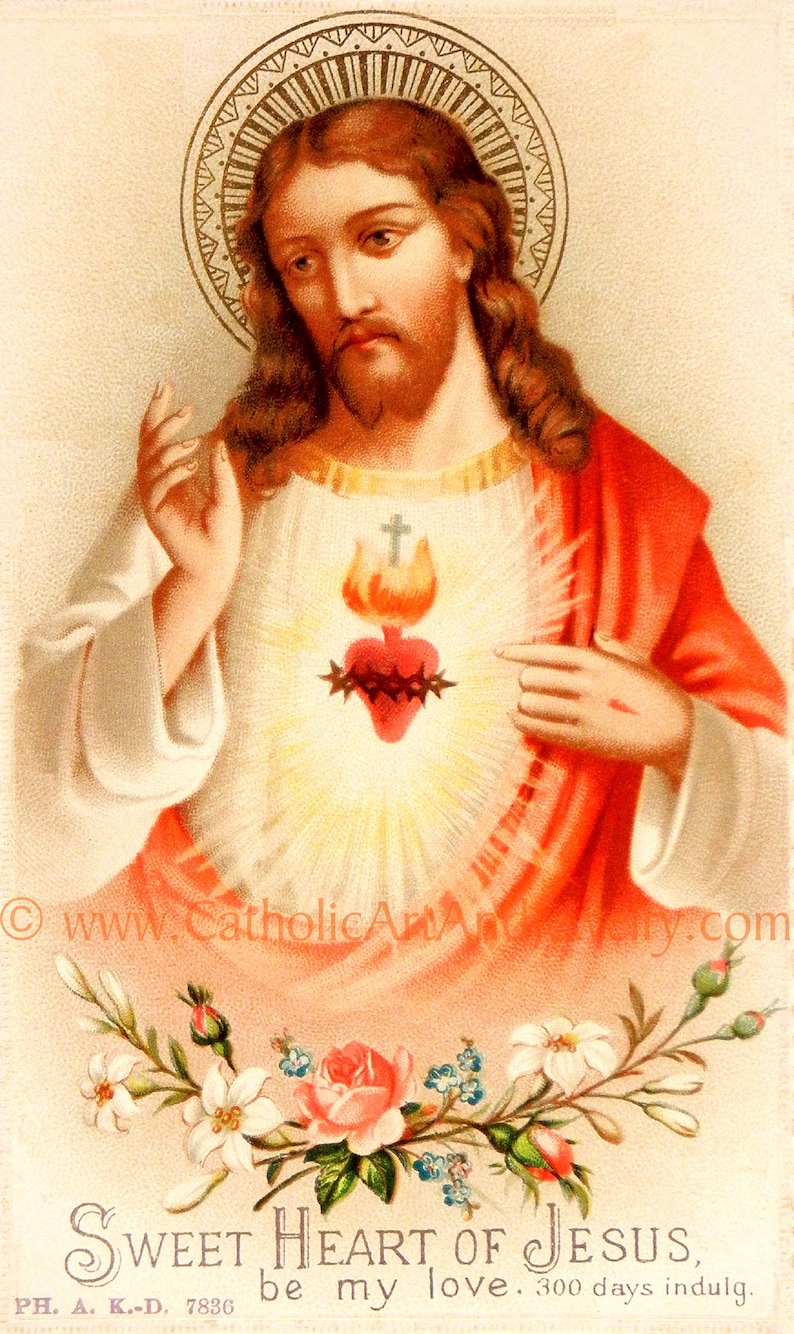 Sacred Heart of Jesus Sweet Heart of Jesus based on a Vintage American Holy Card Catholic Art Print Archival Catholic Gift image 1