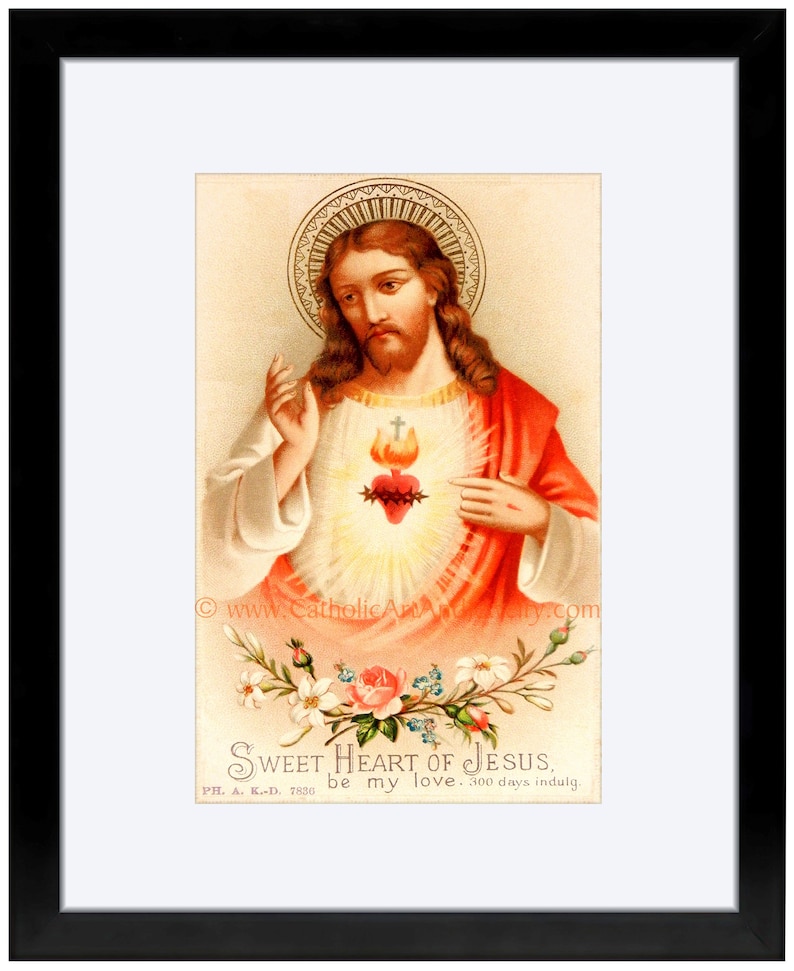 Sacred Heart of Jesus Sweet Heart of Jesus based on a Vintage American Holy Card Catholic Art Print Archival Catholic Gift 8.5x11 Black Frame