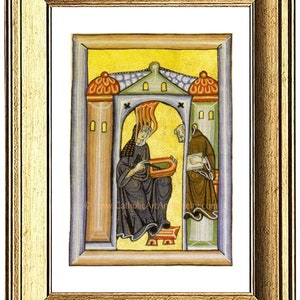 Pu&ograve; includere: Un'illustrazione di manoscritto medievale illuminato che raffigura una donna che suona l'arpa in un edificio con un uomo in piedi a destra. La donna indossa una veste blu e una corona rossa. L'uomo indossa una veste marrone. L'edificio &egrave; giallo con accenti rossi e verdi.