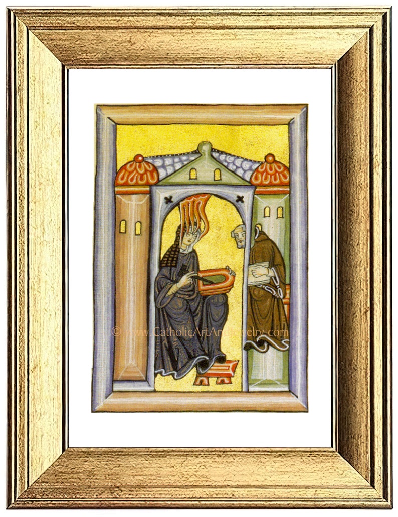 Pu&ograve; includere: Un'illustrazione di manoscritto medievale illuminato che raffigura una donna che suona l'arpa in un edificio con un uomo in piedi a destra. La donna indossa una veste blu e una corona rossa. L'uomo indossa una veste marrone. L'edificio &egrave; giallo con accenti rossi e verdi.