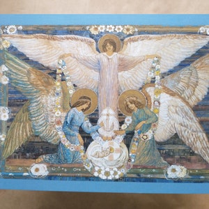 Carte de Noël/carte de voeux – anges portant l'enfant Jésus – 5 x 7 po. – avec enveloppe – 1/10/50/100 – par Ann Macbeth