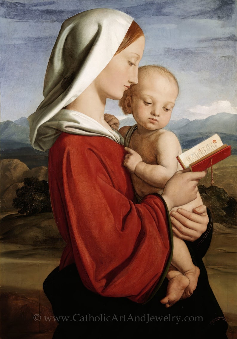 May include: A Renaissance-style painting depicts a woman in a red robe and white head covering holding a child. The child holds a small red book. The background shows a landscape with mountains and a cloudy sky. The painting has a religious theme.