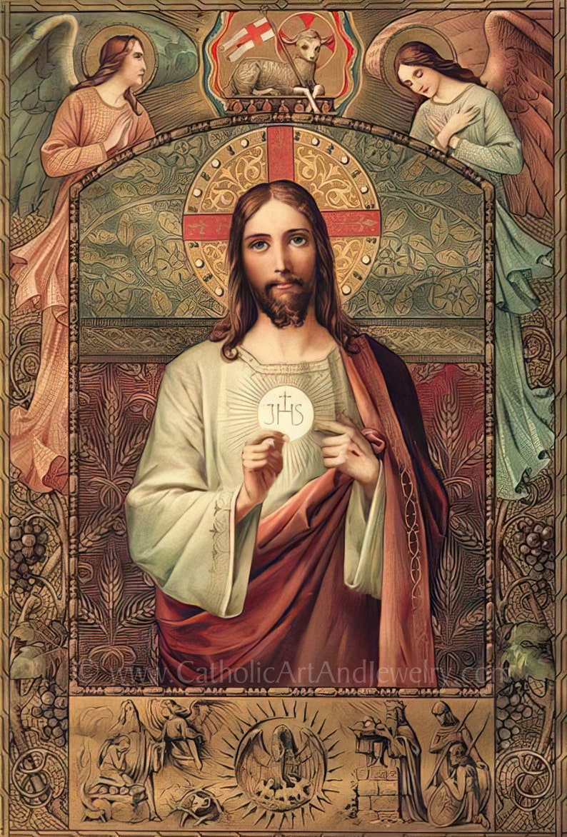 Jesus Holding the Eucharist / First Communion Gift / Vintage Catholic Art Print Archival Quality zdjęcie 1