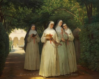 Monjas paseando por el jardín de un claustro en Roma – Cantando las Horas – Jørgen Sonn – Hermoso arte católico – Calidad de archivo