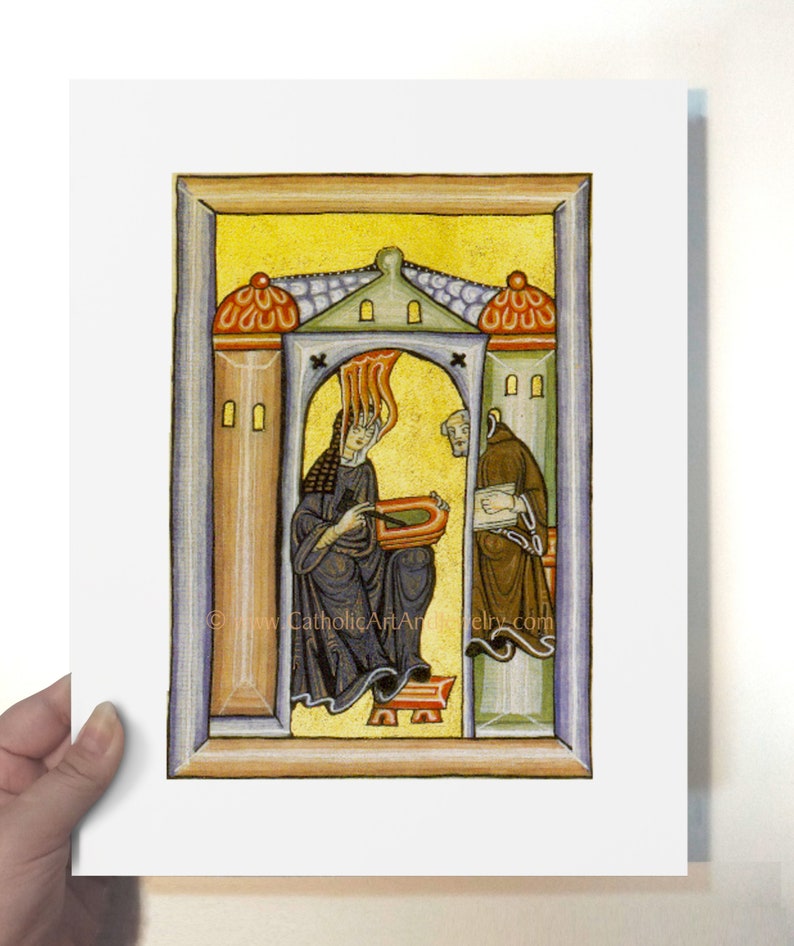 Pu&ograve; includere: Un'illustrazione di manoscritto medievale che raffigura una donna con un'aureola di fuoco, seduta su un trono, che tiene un libro. Un uomo con una veste marrone sta al suo fianco, tenendo anche lui un libro. La scena &egrave; ambientata all'interno di un arco giallo e verde.