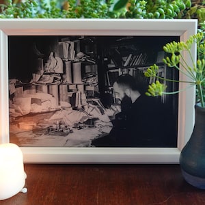 St. Maximilian Kolbe at His Messy Desk – Framed 4x6" – Gold Style, Black, and Wood Tone Frames