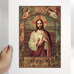 Jesus Holding the Eucharist / First Communion Gift / Vintage Catholic Art Print Archival Quality 11x14" unframed