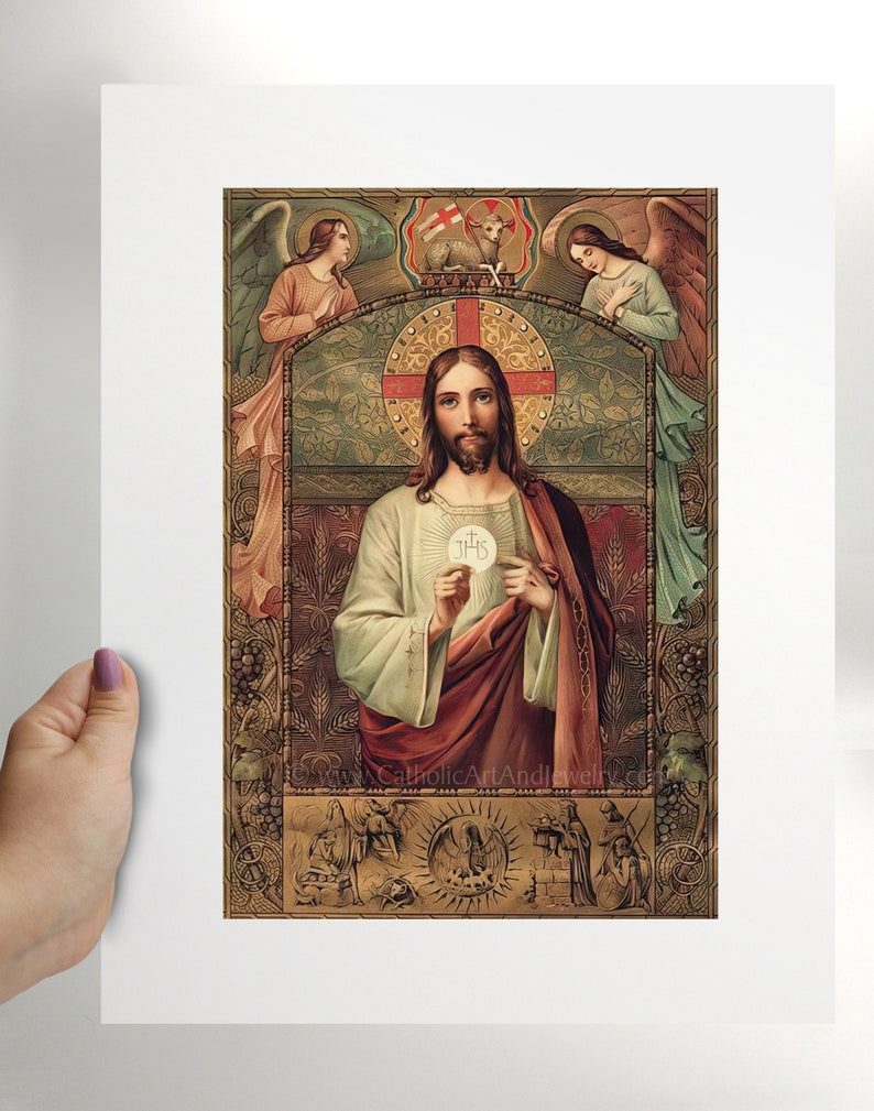 Jesus Holding the Eucharist / First Communion Gift / Vintage Catholic Art Print Archival Quality 11x14" unframed