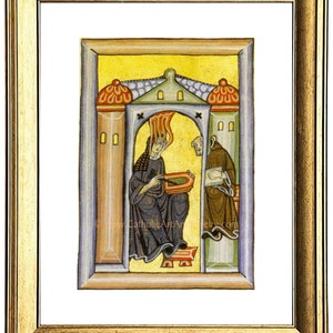 Pu&ograve; includere: Un'illustrazione di manoscritto medievale illuminato che rappresenta due figure in un ambiente architettonico giallo, verde e rosso. La figura a sinistra tiene un libro e una penna, mentre la figura a destra tiene un libro. Il testo "www.CatholicArtGallery.com" &egrave; visibile nell'angolo in basso a destra.