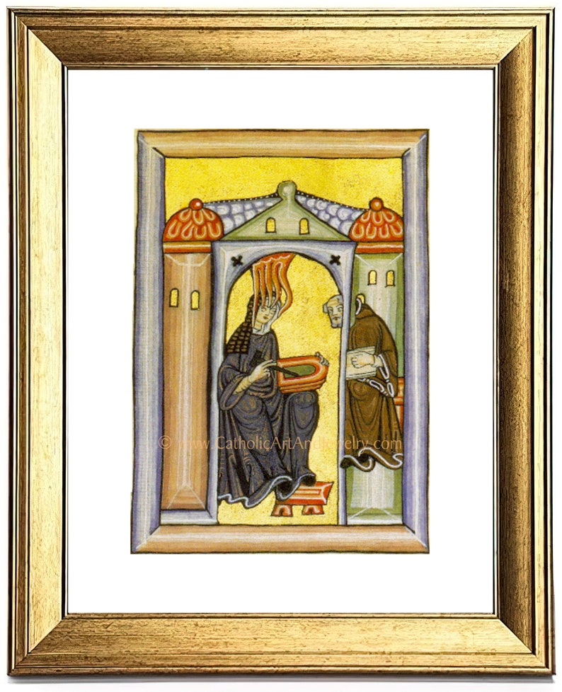 Pu&ograve; includere: Un'illustrazione di manoscritto medievale illuminato che rappresenta due figure in un ambiente architettonico giallo, verde e rosso. La figura a sinistra tiene un libro e una penna, mentre la figura a destra tiene un libro. Il testo "www.CatholicArtGallery.com" &egrave; visibile nell'angolo in basso a destra.
