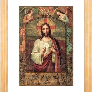 Jesus Holding the Eucharist / First Communion Gift / Vintage Catholic Art Print Archival Quality 8.5x11" Gold Frame