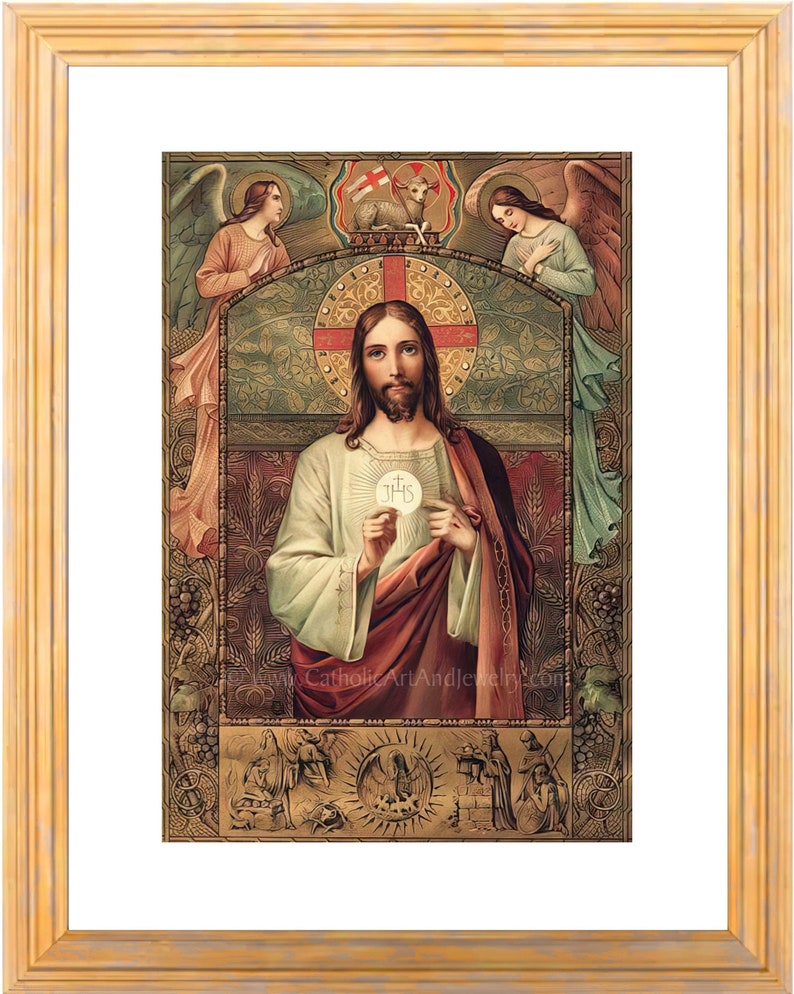 Jesus Holding the Eucharist / First Communion Gift / Vintage Catholic Art Print Archival Quality 8.5x11" Gold Frame