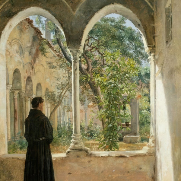 Cloister in Palermo with a Franciscan Monk – Martinus Rørbye – Catholic Art – Catholic Gift – Archival Quality