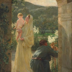 La Sainte Famille près de chez elle – « Within the Gate » par Herbert Arnould Olivier – Reproduction d'art catholique – Cadeau catholique – Qualité archive