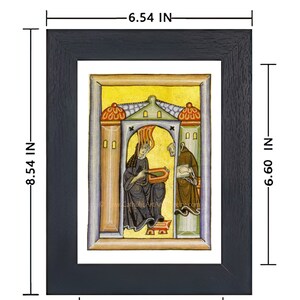 Pu&ograve; includere: Una stampa incorniciata in nero di un'illustrazione medievale che raffigura due figure in un arco giallo e verde. La stampa misura 5 pollici per 7 pollici ed &egrave; incorniciata con una cornice nera di 1 pollice. Le dimensioni totali della stampa incorniciata sono 6,54 pollici per 8,54 pollici.