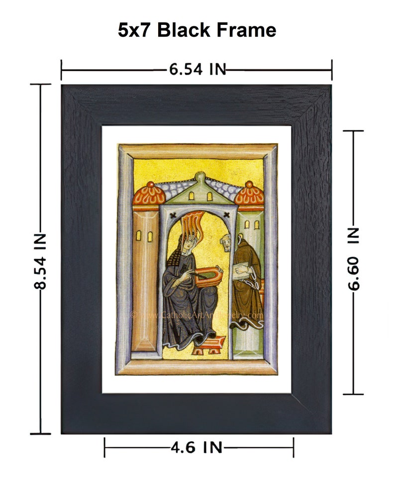 Pu&ograve; includere: Una stampa incorniciata in nero di un'illustrazione medievale che raffigura due figure in un arco giallo e verde. La stampa misura 5 pollici per 7 pollici ed &egrave; incorniciata con una cornice nera di 1 pollice. Le dimensioni totali della stampa incorniciata sono 6,54 pollici per 8,54 pollici.