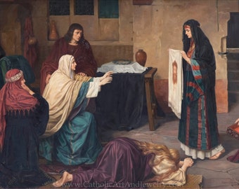 May include: A painting depicting a scene from the Bible. A woman in a black and red robe holds a white cloth with a painted image of a man's face. Other women are kneeling and looking at the cloth. The painting is set in a room with a table and a vase.