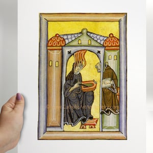 Pu&ograve; includere: Un'illustrazione di manoscritto medievale che raffigura una donna in un abito blu con un'aureola di fuoco sopra la testa, che tiene un libro. &Egrave; seduta su uno sgabello rosso e sta parlando con un uomo in un abito marrone, che tiene un libro. La scena &egrave; ambientata in un arco giallo e verde.