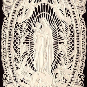 Impression d'art Vierge à l'enfant - basée sur une carte sacrée française vintage en dentelle de papier - Cadeau catholique