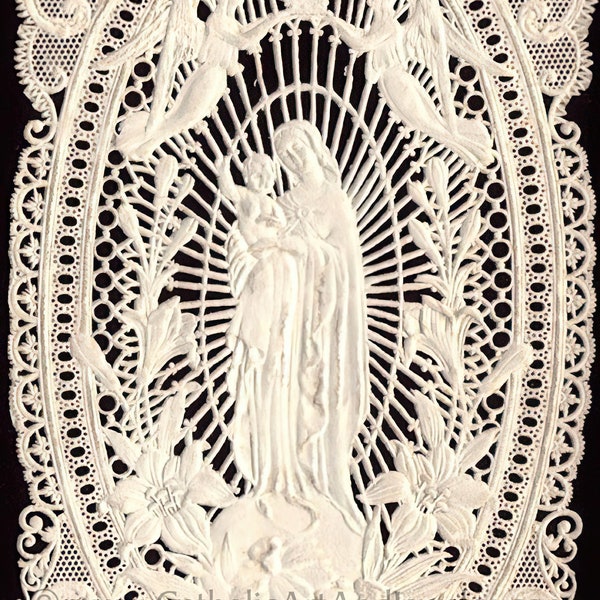 Madonna and Child Art Print - basé sur une carte sainte française vintage en dentelle de papier - Cadeau catholique