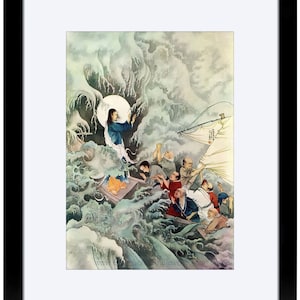 Op de afbeelding: Een schilderij dat Jezus afbeeldt terwijl hij een storm op zee kalmeert. Het schilderij is in Japanse stijl gemaakt met de nadruk op de draaiende golven en de dramatische lucht. Jezus staat in de boot en steekt zijn hand op om de storm te kalmeren. De discipelen zijn in de boot te zien, sommigen kijken naar Jezus op, anderen kijken angstig naar beneden.