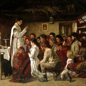 Home Mass, “Mass in a Connemara Cabin” – Aloysius O'Kelly  – Beautiful Catholic Art – Archival Quality