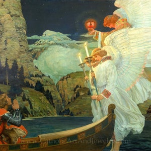 May include: A painting depicting a knight kneeling in a boat, praying to three angels with glowing candles and a lantern. The angels are wearing white robes and have large wings. The scene is set at night, with a mountain range in the background.