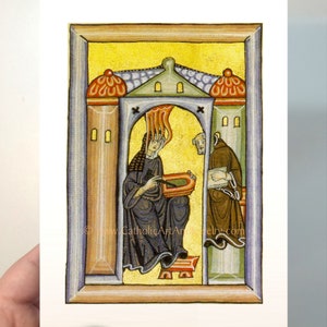 Pu&ograve; includere: Un'illustrazione di manoscritto medievale che raffigura due figure in un arco giallo e arancione. La figura a sinistra &egrave; una donna con i capelli rossi, che tiene un libro. La figura a destra &egrave; un uomo con la barba, che tiene un libro. L'illustrazione &egrave; incorniciata da un bordo marrone.