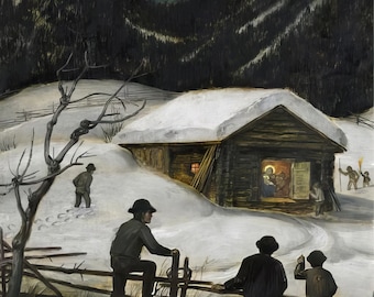 La Natividad – Navidad en la montaña – BergweihnachtLos pastores vienen a adorar – Matthäus Schiestl – Hermoso arte católico – Archivo