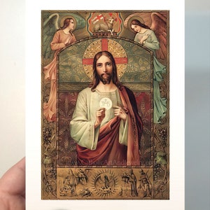 Jesus Holding the Eucharist / First Communion Gift / Vintage Catholic Art Print Archival Quality 5x7" unframed