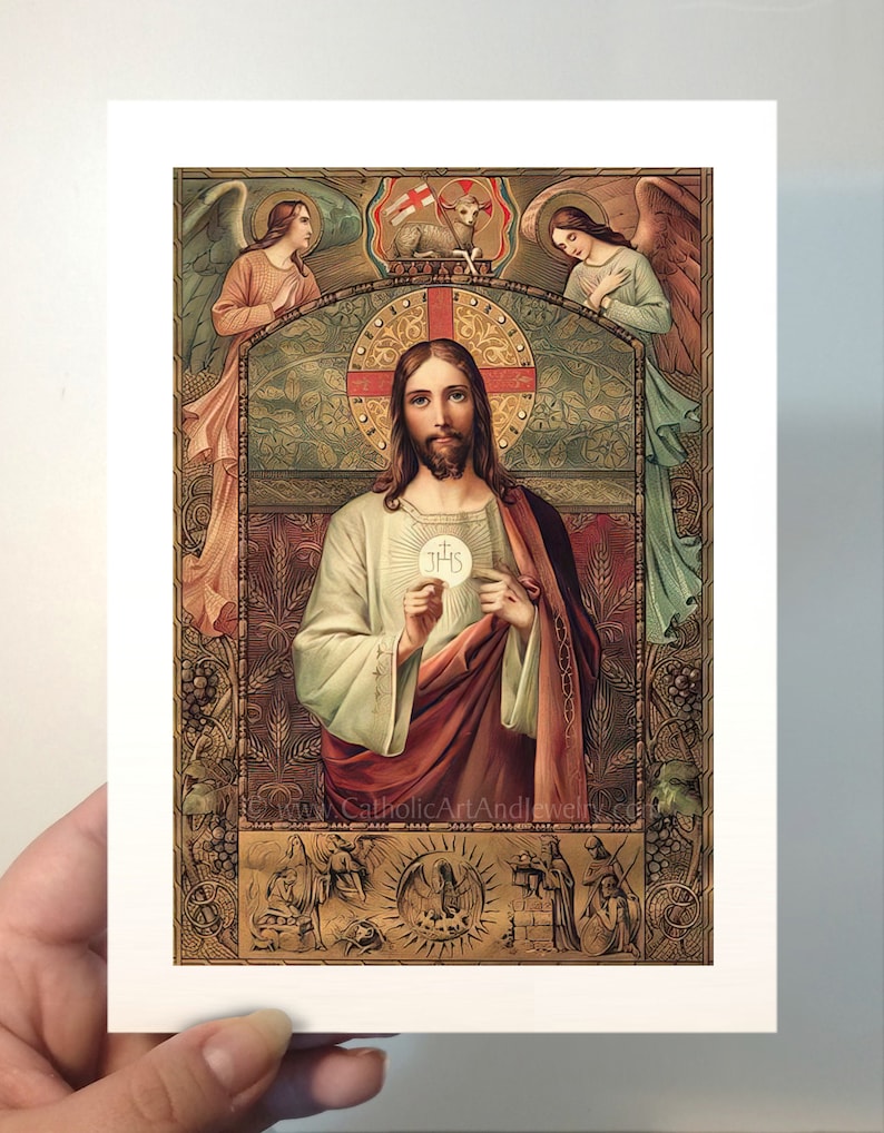 Jesus Holding the Eucharist / First Communion Gift / Vintage Catholic Art Print Archival Quality 5x7" unframed