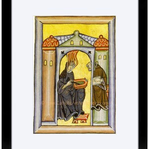 Pu&ograve; includere: Un'illustrazione di manoscritto medievale che raffigura due figure in un arco giallo e verde. La figura a sinistra &egrave; una donna che indossa una veste blu e tiene un libro. La figura a destra &egrave; un uomo che indossa una veste marrone e tiene un libro. Il testo "Catholic Art" &egrave; visibile nell'angolo in basso a destra.