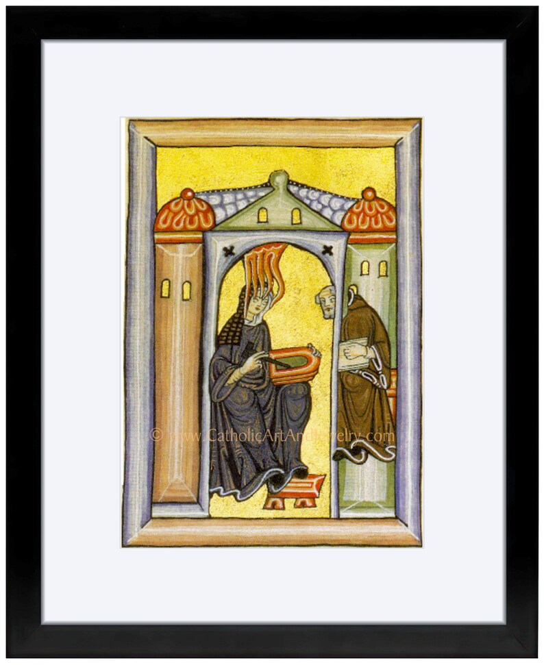 Pu&ograve; includere: Un'illustrazione di manoscritto medievale che raffigura due figure in un arco giallo e verde. La figura a sinistra &egrave; una donna che indossa una veste blu e tiene un libro. La figura a destra &egrave; un uomo che indossa una veste marrone e tiene un libro. Il testo "Catholic Art" &egrave; visibile nell'angolo in basso a destra.