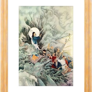 Op de afbeelding: Een schilderij dat Jezus afbeeldt terwijl hij een storm op zee kalmeert. Het schilderij is gemaakt in een traditionele Japanse stijl met een lichtblauwe en groene kleurenpalet. Jezus staat in een boot met zijn armen uitgestrekt, terwijl de discipelen in de boot worden getoond, die angstig naar hem opkijken. De golven worden afgebeeld als groot en krachtig, maar Jezus is kalm en sereen.